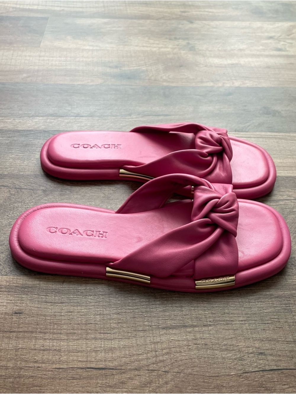COACH Brooklyn Bright Barbie Pink and Gold Leather Sandals Slides